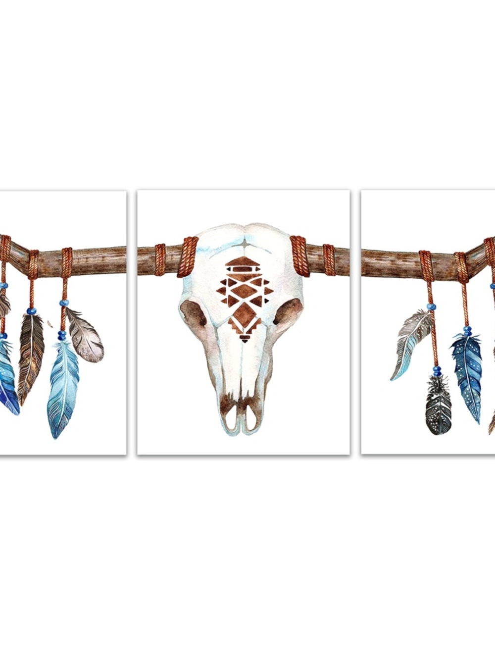 Blue Feather Cow Texas Longhorn Triptych Wall Art three piece set